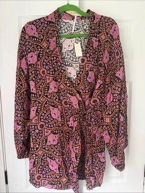Anthropologie Pink & Black Paisley-Style Wrap Tunic